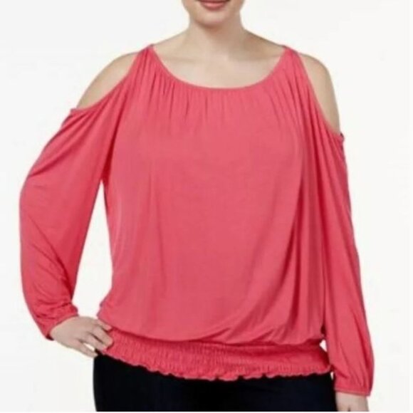 INC International Concepts Cold Shoulder Top Coral Pink Size 0X Smocked - Picture 1 of 8